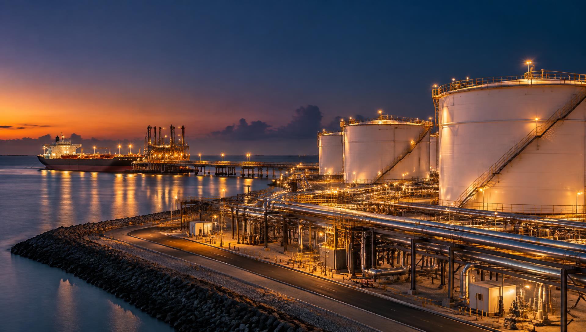 Modern coastal petroleum terminal with tanks, marine berth and pipe racks